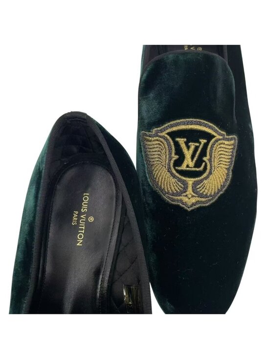 Louis Vuitton Loafers LV Logo Velour Embroidery Gold Thread Green 8.5 main image 6